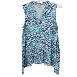 Chicos Sleeveless V-Neck Top Blue Teal Abstract Print Size 2 US Large